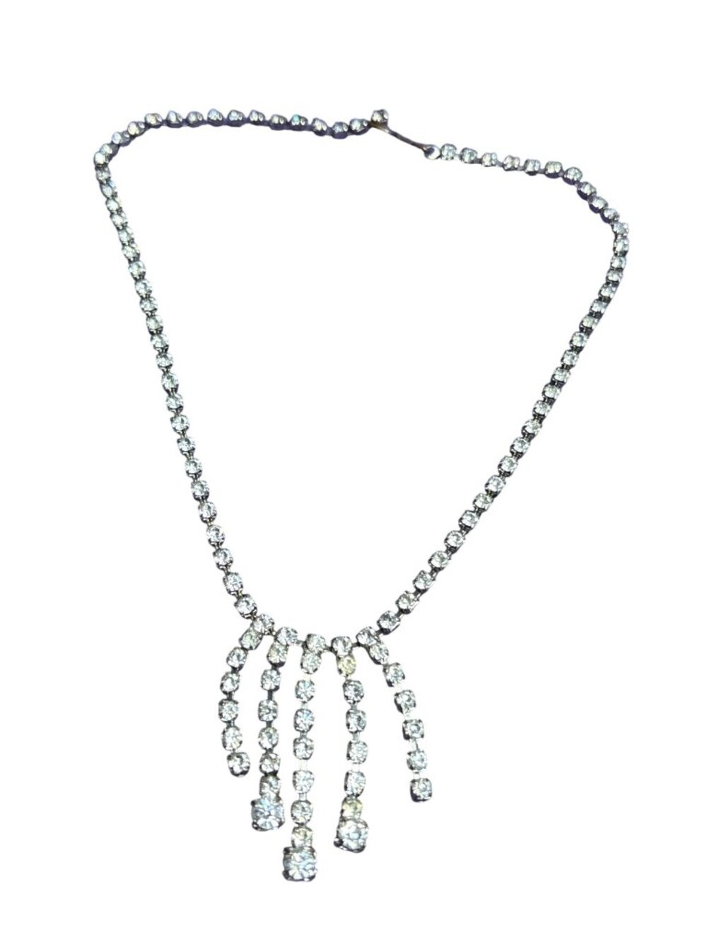 Vintage Clear Rhinestone Collar Necklace Fringe Silvertone Hook Clasp 15.5 inch